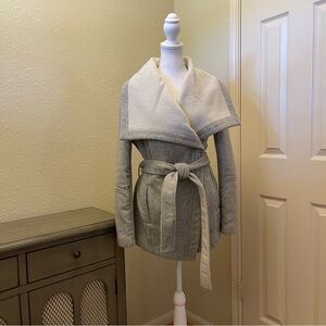 BCBGeneration Wool Blend Grey Wrap Coat Cream Shawl Collar Belted Jacket Coat S